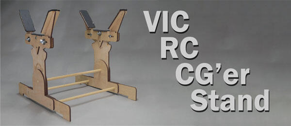 Wooden VIC RC CG'er Stand on gray background. Large text on the right.