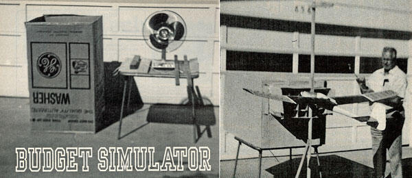 Cardboard computer setup labeled "Budget Simulator" in vintage black and white.