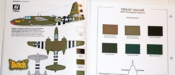 P-38 model plane instructions and USAAF color chart.