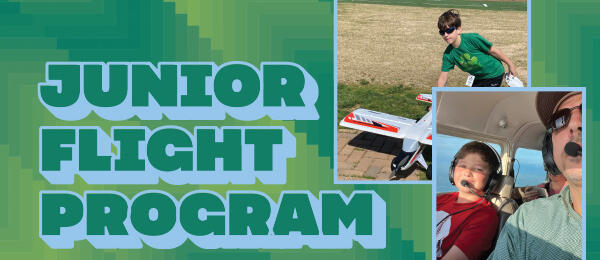 Junior Flight Program text with photos of a child by a plane and in a cockpit.