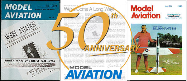 Model Aviation 50th Anniversary logo with magazine covers in the background.