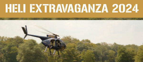 HELI EXTRAVAGANZA 2024; helicopter above treetops.