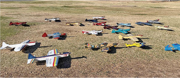 Model airplanes scattered on grass field.