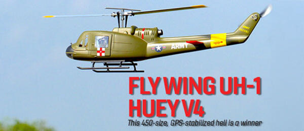 RC helicopter with military design, text "FLY WING UH-1 HUEY V4".