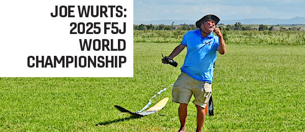 Man in blue shirt with glider at field, reading "Joe Wurts: 2025 F5J World Championship."