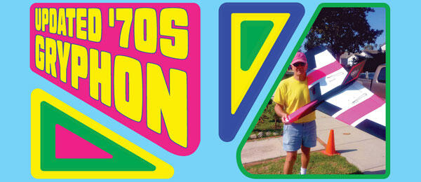 Updated '70s Gryphon graphic with a person holding a model aircraft.