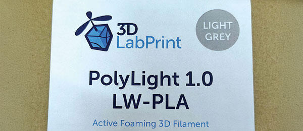 3D LabPrint logo, PolyLight 1.0 LW-PLA, Light Grey, Active Foaming 3D Filament.