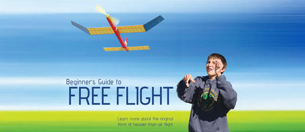 Beginner's Guide to Free Flight text with a boy and model plane on blue gradient background.