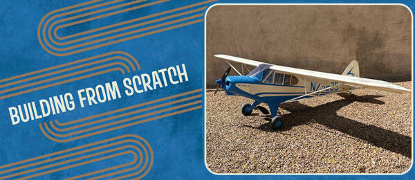 Blue graphic with text "BUILDING FROM SCRATCH" and a model airplane photo on gravel.
