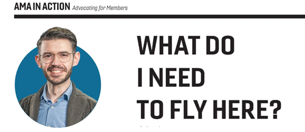 Man smiling beside text: "What do I need to fly here?"