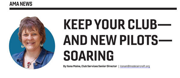 AMA News article titled "Keep Your Club and New Pilots Soaring," featuring a woman.