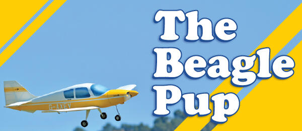 The Beagle Pup text next to a small yellow and white plane.