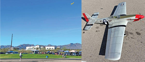 Split image: left shows a field with blue sky; right shows a model aircraft on the ground.