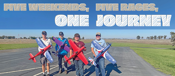 Four people holding model planes on a runway with text: "Five weekends, five races, one journey."