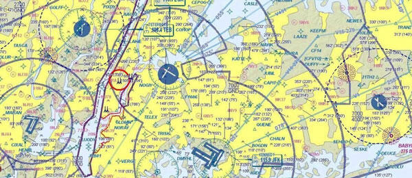 Aeronautical chart with symbols and yellow background.