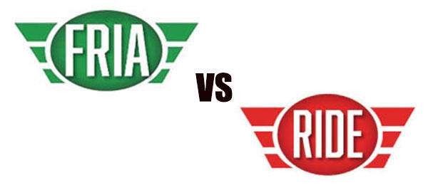 FRIA vs RIDE logos in green and red with winged design.