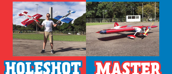 HOLESHOT in blue, MASTER in red, with RC planes and person in the background.