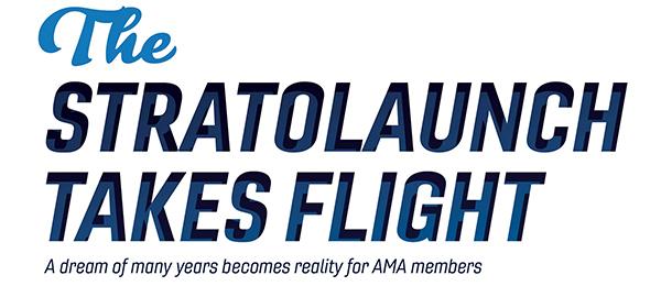 The STRATOLAUNCH TAKES FLIGHT, blue and black text.