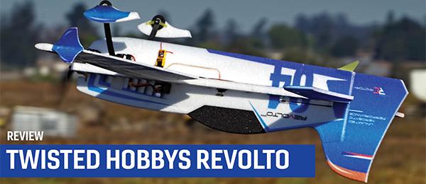 Twisted Hobbys Revolto model plane flying outdoors.