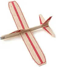 Wooden glider with red stripes, viewed from above.