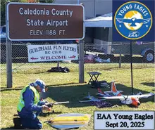 Caledonia County State Airport sign, model planes, EAA Young Eagles Sept 20, 2025, logo.