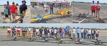 Group of people with model airplanes at an outdoor event.