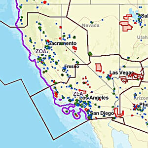 Map highlighting cities and areas in California with colored markers.